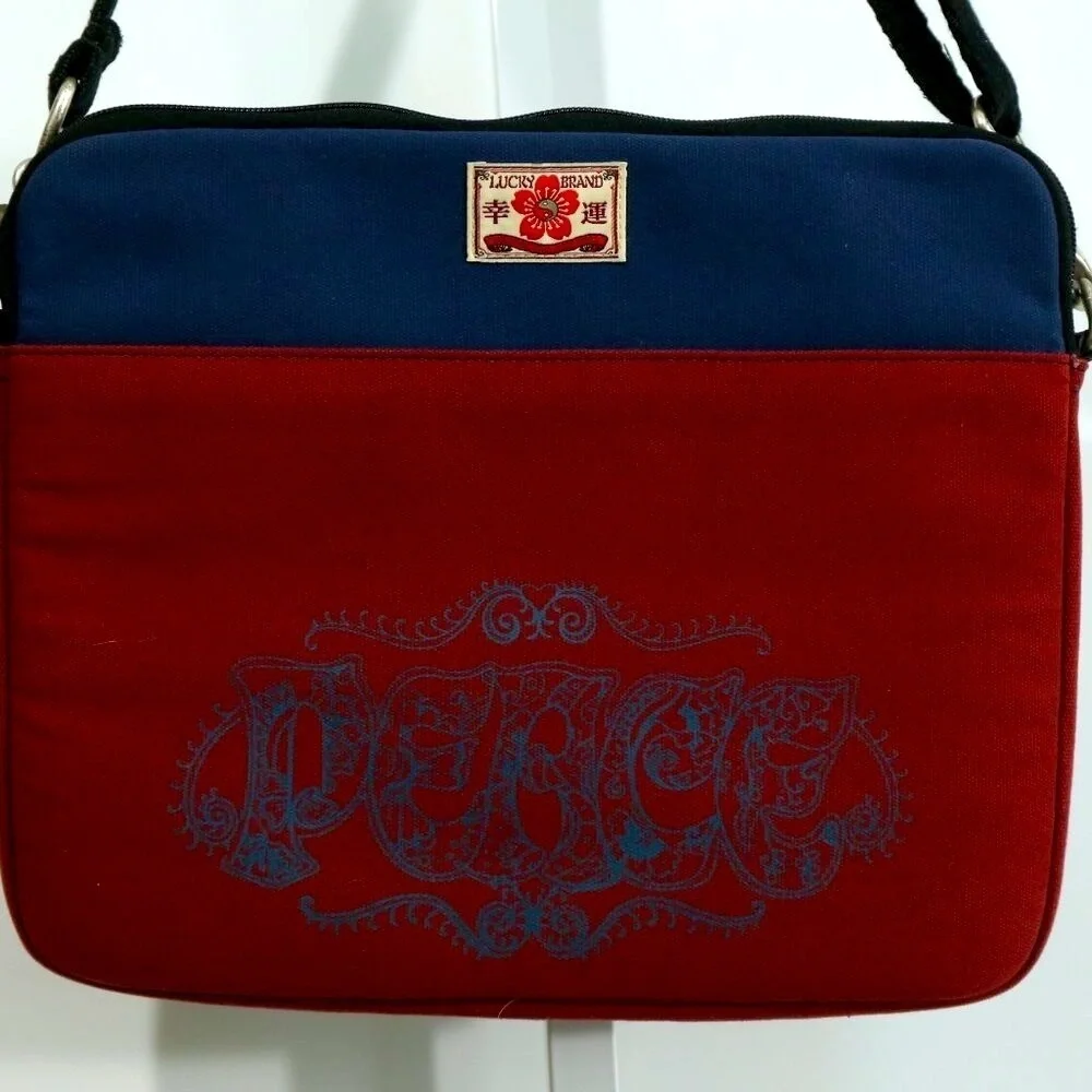 Lucky Brand Canvas Crossbody Messenger Bag Red & Navy Logo Patch Laptop